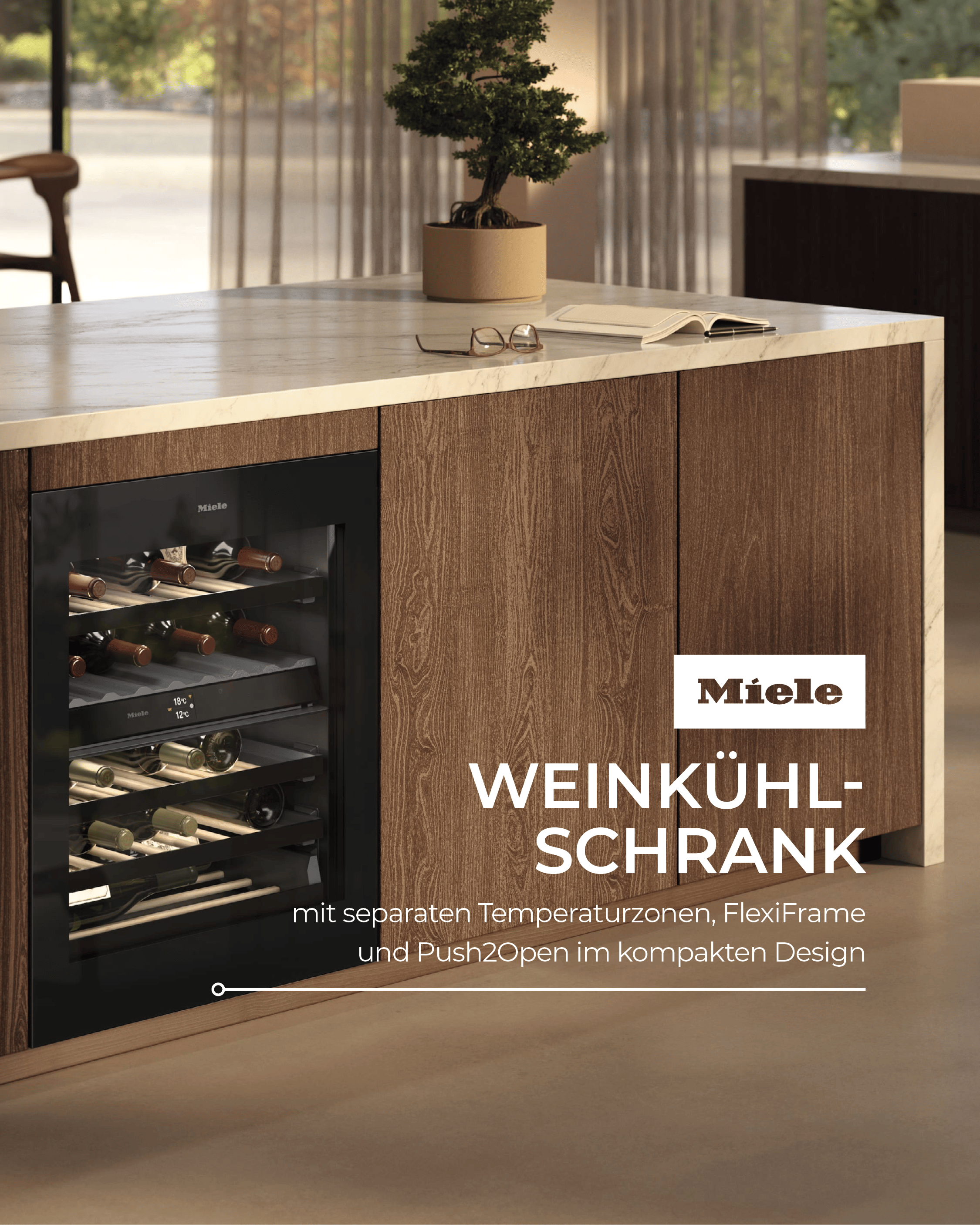 Frühjahrsputz 2026 – kompakter Miele Weinkühlschrank mit mehreren Temperaturzonen in einer modernen Kücheninsel.