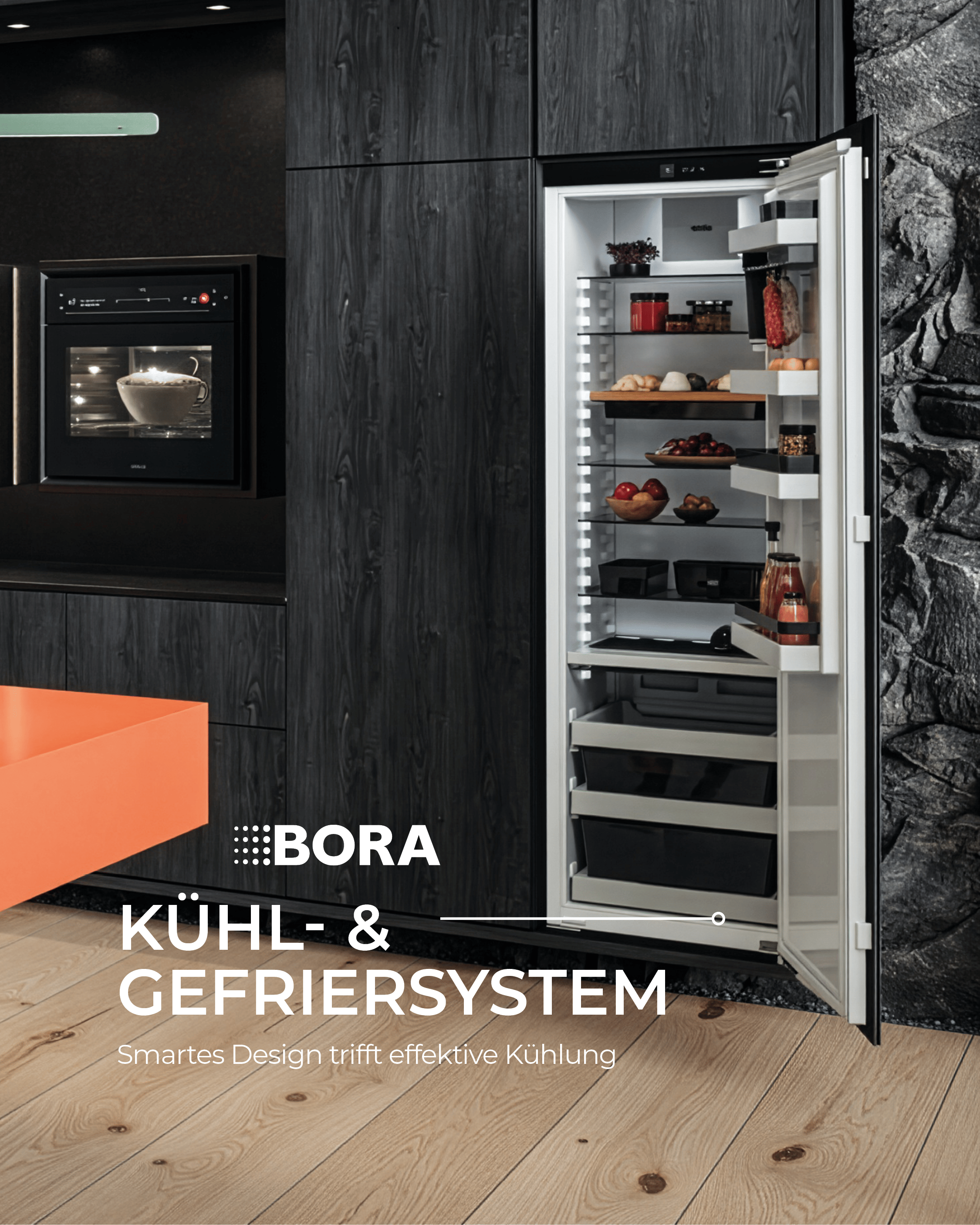 Frühjahrsputz 2026 – modernes BORA Kühl- und Gefriersystem in einer dunklen Designküche mit geöffnetem Kühlschrank.