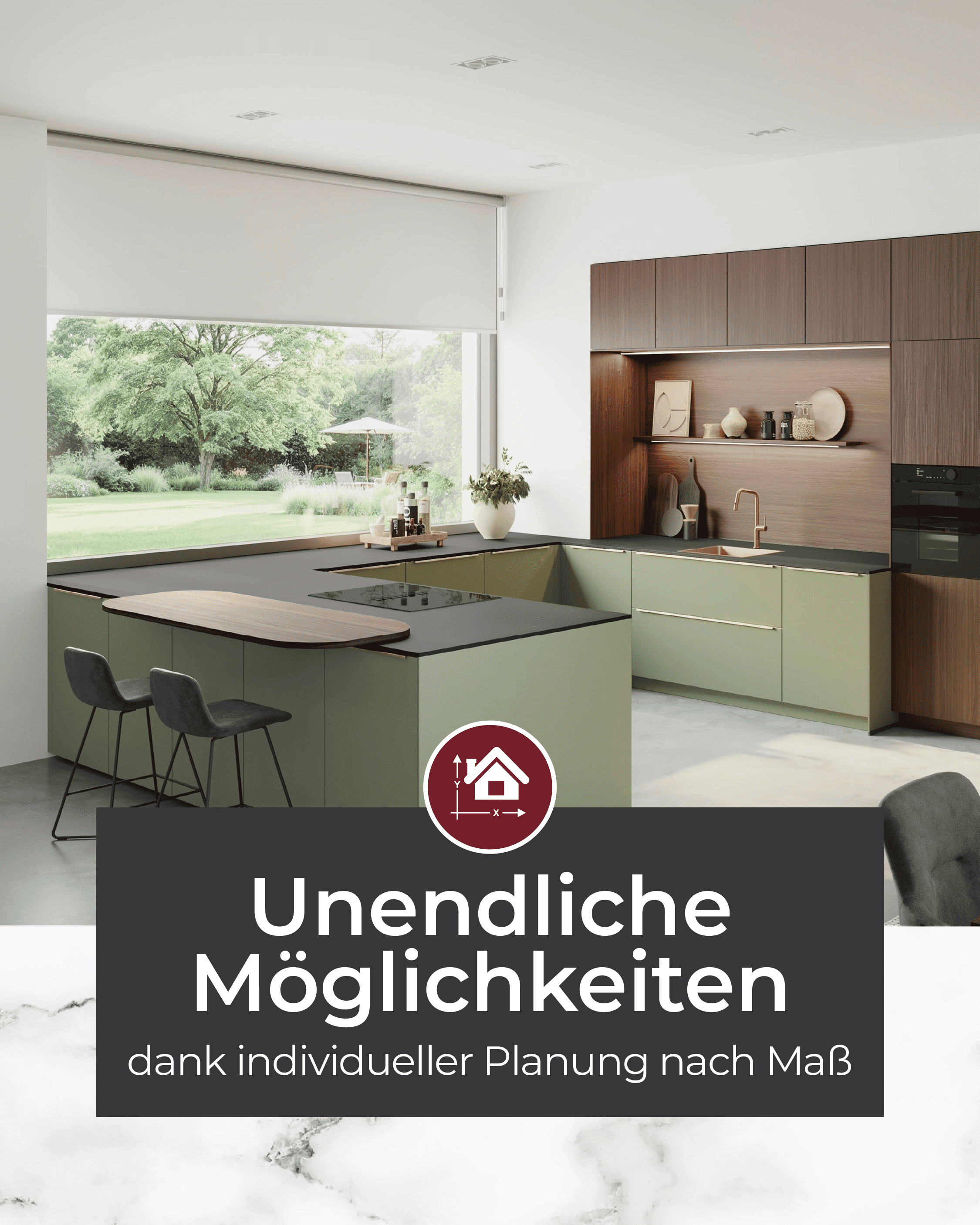 Moderne U-Küche in Grün und Holz mit großer Fensterfront und Kochinsel – Hinweis auf individuelle Küchenplanung nach Maß und unendliche Gestaltungsmöglichkeiten